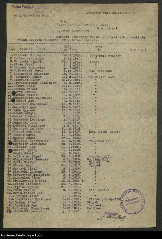 Obraz 15 z jednostki "Wykazy wykluczonych z partii i ubyłych z innych przyczyn [z lat 1945 - 1947]"
