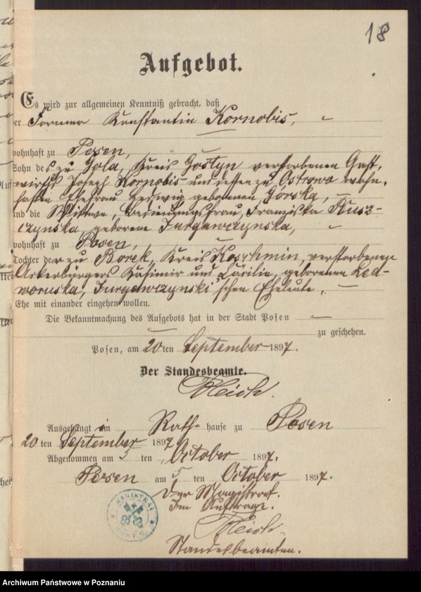 Obraz 20 z jednostki "Die von den Verlobten beigebrachten Urkunden zur Eheschliessung pro 1897"