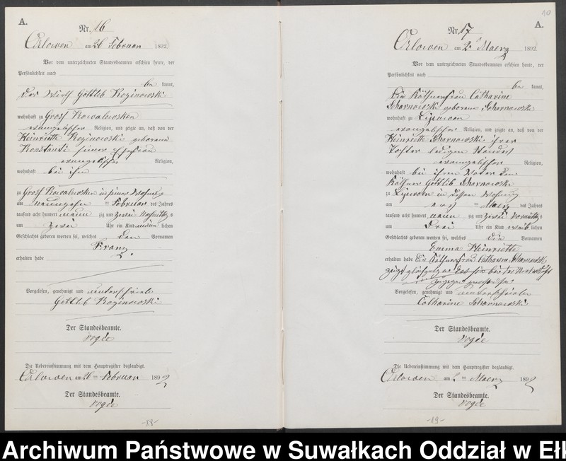 image.from.unit.number "Geburts-Neben-Register des Preussischen Standes-Amtes Orlowen Kreis Loetzen für das Jahr 1892"