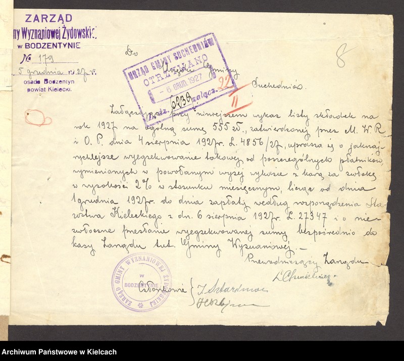 Obraz 11 z jednostki "[Ściąganie zaległej składki bóżniczej od członków gminy wyznaniowej żydowskiej w Bodzentynie]"