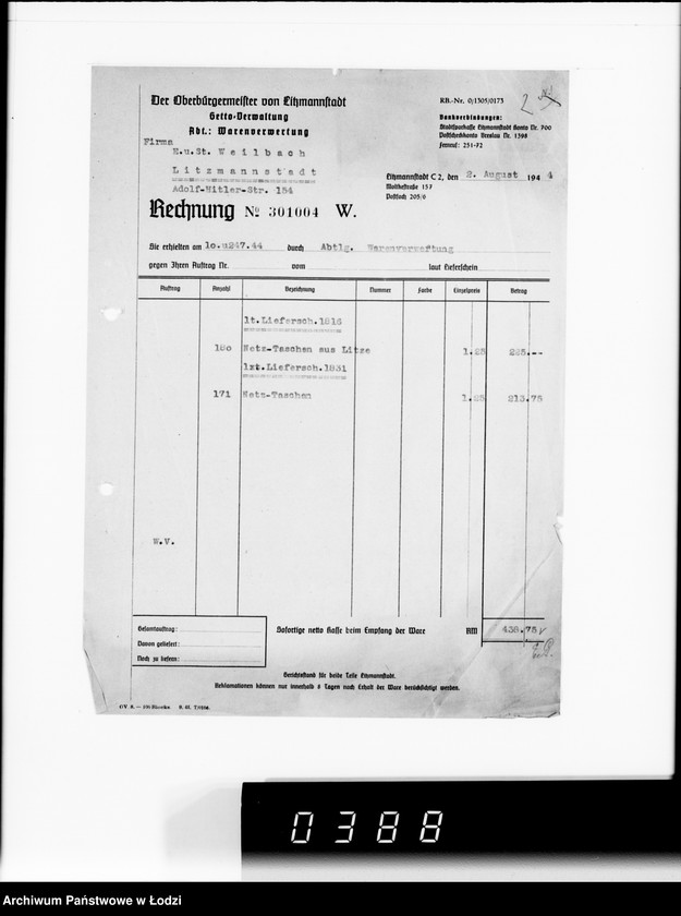 Obraz 6 z jednostki "F-ma St.Weilbach Litzmannstadt IV Warenverwertung an Lager 99"