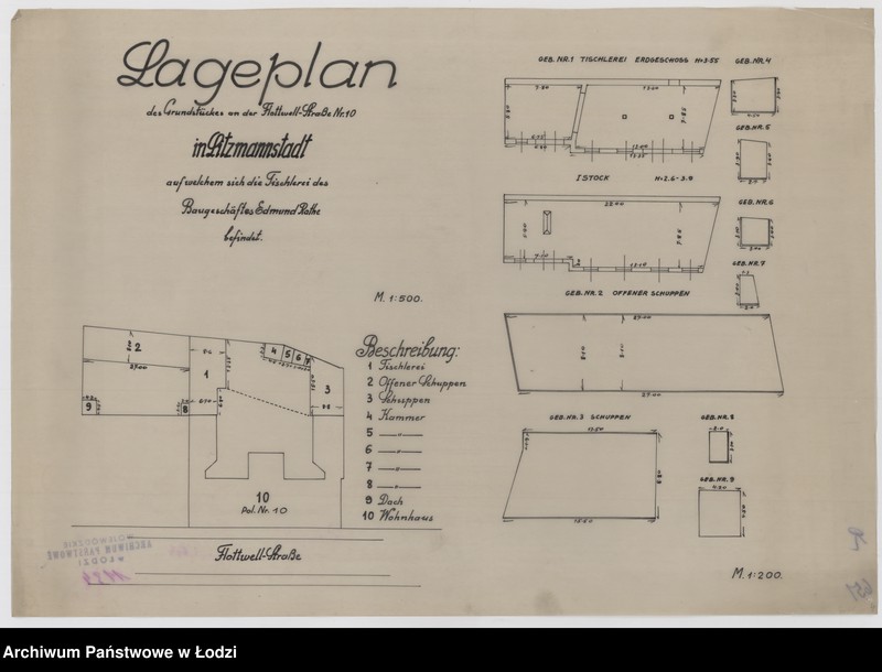Obraz 1 z jednostki "Lageplan des Grundstückes an der Flottwell-Straße Nr 10 in Litzmannstadt auf welchem sich die Tischlezei des Baugeschäftes Edmund Rothe befindet"