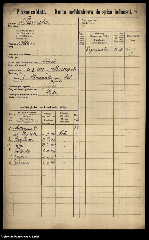 Obraz 6 z jednostki "[Spis ludności Łodzi] Pawoniak-Pelc"