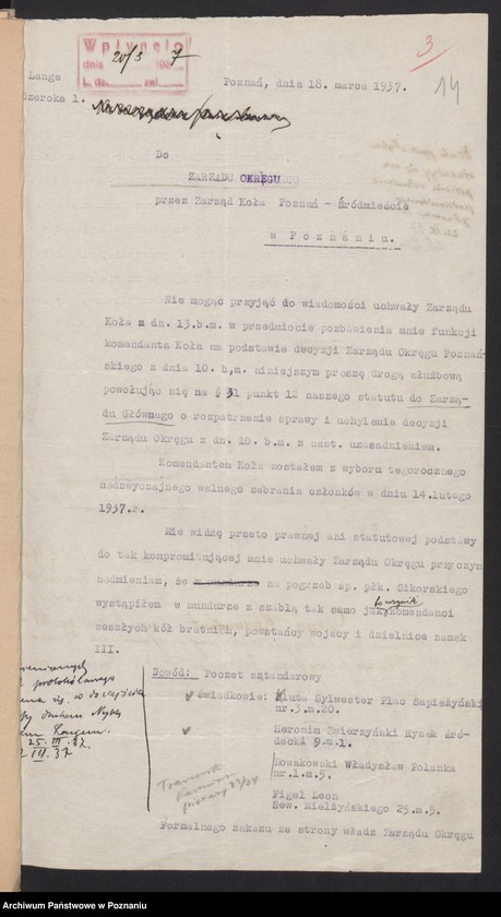 Obraz 17 z jednostki "Sprawy dotyczące komendantów wojewódzkich i grodzkich Związku Weteranów Powstań Narodowych i Związku Powstańców Wielkopolskich."