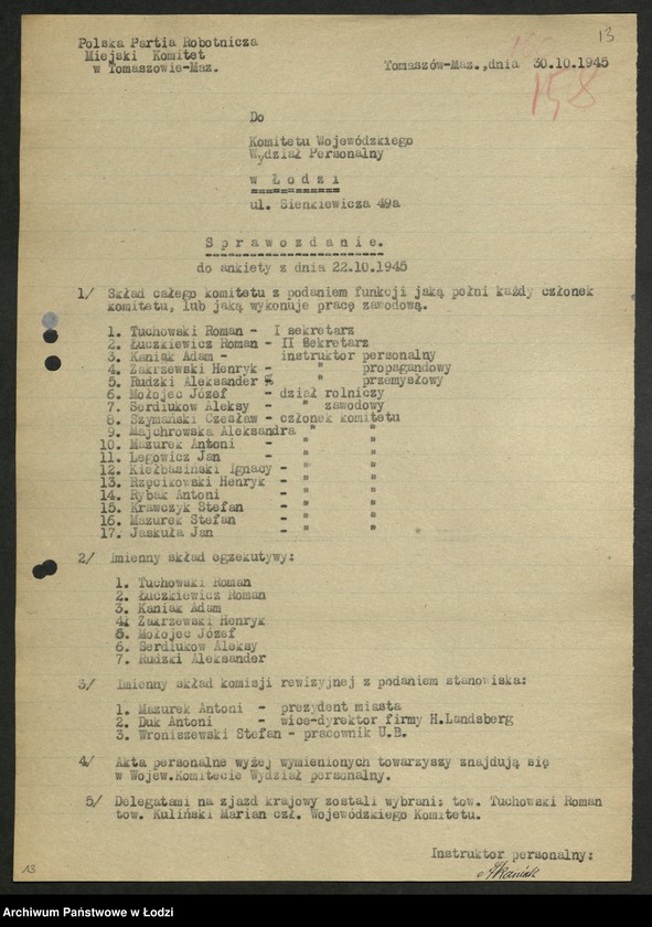 Obraz 14 z jednostki "Ankiety sprawozdawcze instruktora Komitetu Miejskiego Tomaszów Mazowiecki [z załącznikami]"