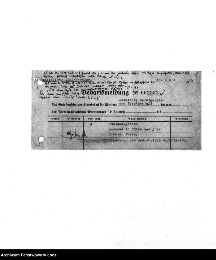 Obraz 4 z jednostki "Bedarfsmeldungen [Skierowane do GV zapotrzebowania na surowce, materiały, narzędzia, maszyny itp. potrzebne resortom pracy do produkcji; zamówienia żywności, lekarstw]"