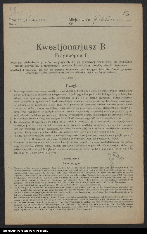 Obraz 12 z jednostki "[Kwestionariusze dotyczące stwierdzenia gruntów znajdujących się po niemieckiej stronie pogranicza a zarządzanych przez zamieszkałych po stronie polskiej] powiat leszczyński"