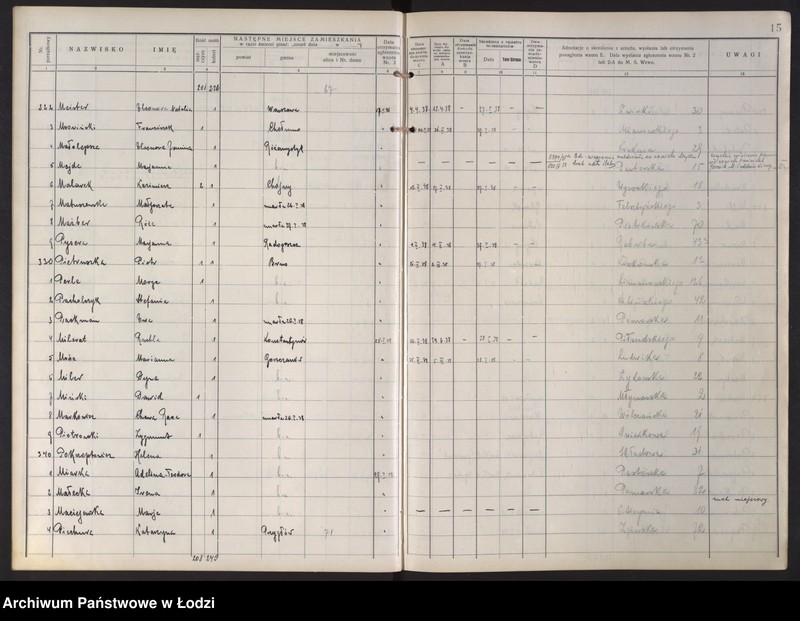 Obraz 19 z jednostki "Księga kontroli ruchu ludności (rejestr osób opuszczających gminę) Łódź, zespół V, lit. M, P"
