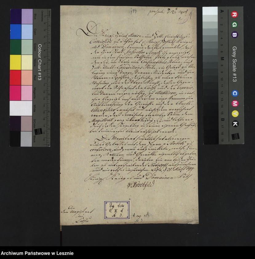 Obraz 4 z jednostki "[Schreiben des Kriegs und Domänenrats v. Hirschfeld betreffend Gelass im Rathause zur Anlage einer Konsumtionssteuer und Zollamtsekspeditionsstube]"