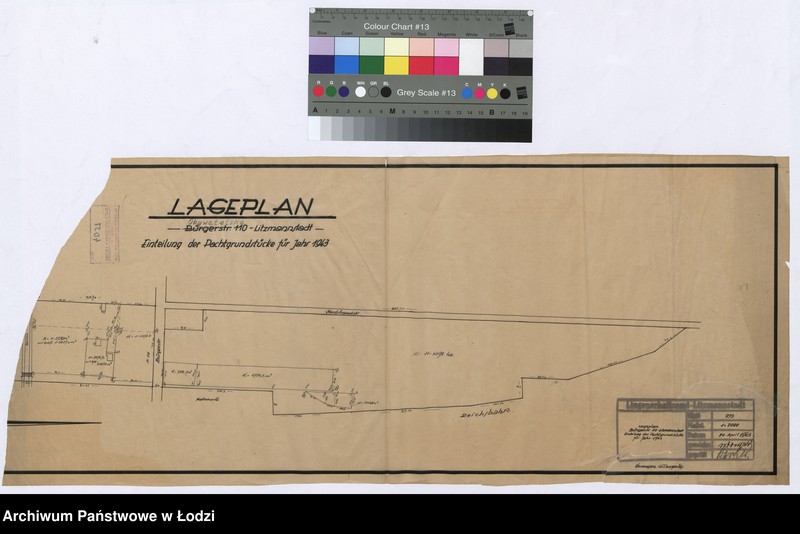 Obraz 1 z jednostki "Lageplan Bürgerstrasse 110 Litzmannstadt. Einteilung der Pachtgrundstücke für Jahr 1943"