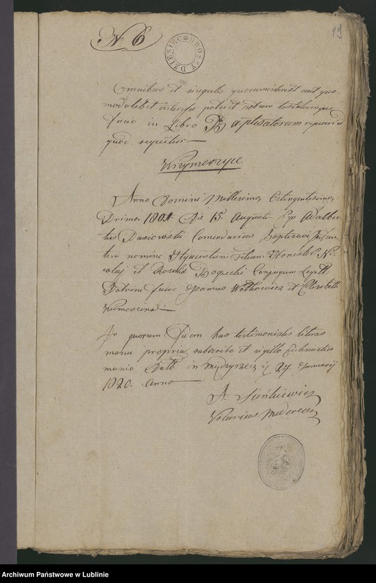 Obraz 20 z jednostki "Alegaty do księgi urodzeń, zapowiedzi, małżeństw i zgonów z 1820 r."