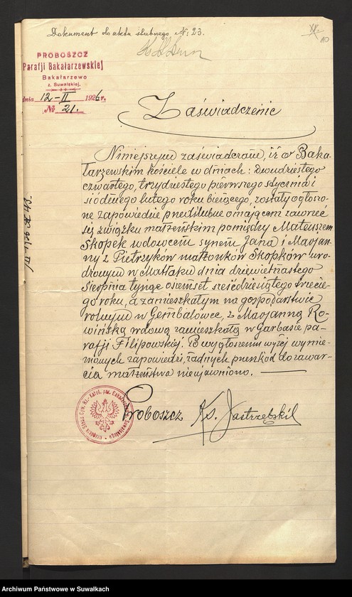 image.from.unit.number "Dokumenty Przedstawione do ślubnych aktów w roku 1926, Filipowskiej Rzymsko-Katolickiej parafji."