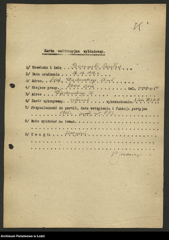 Obraz 9 z jednostki "Karty ewidencyjne wykładowców szkoły partyjnej /A-Z/"