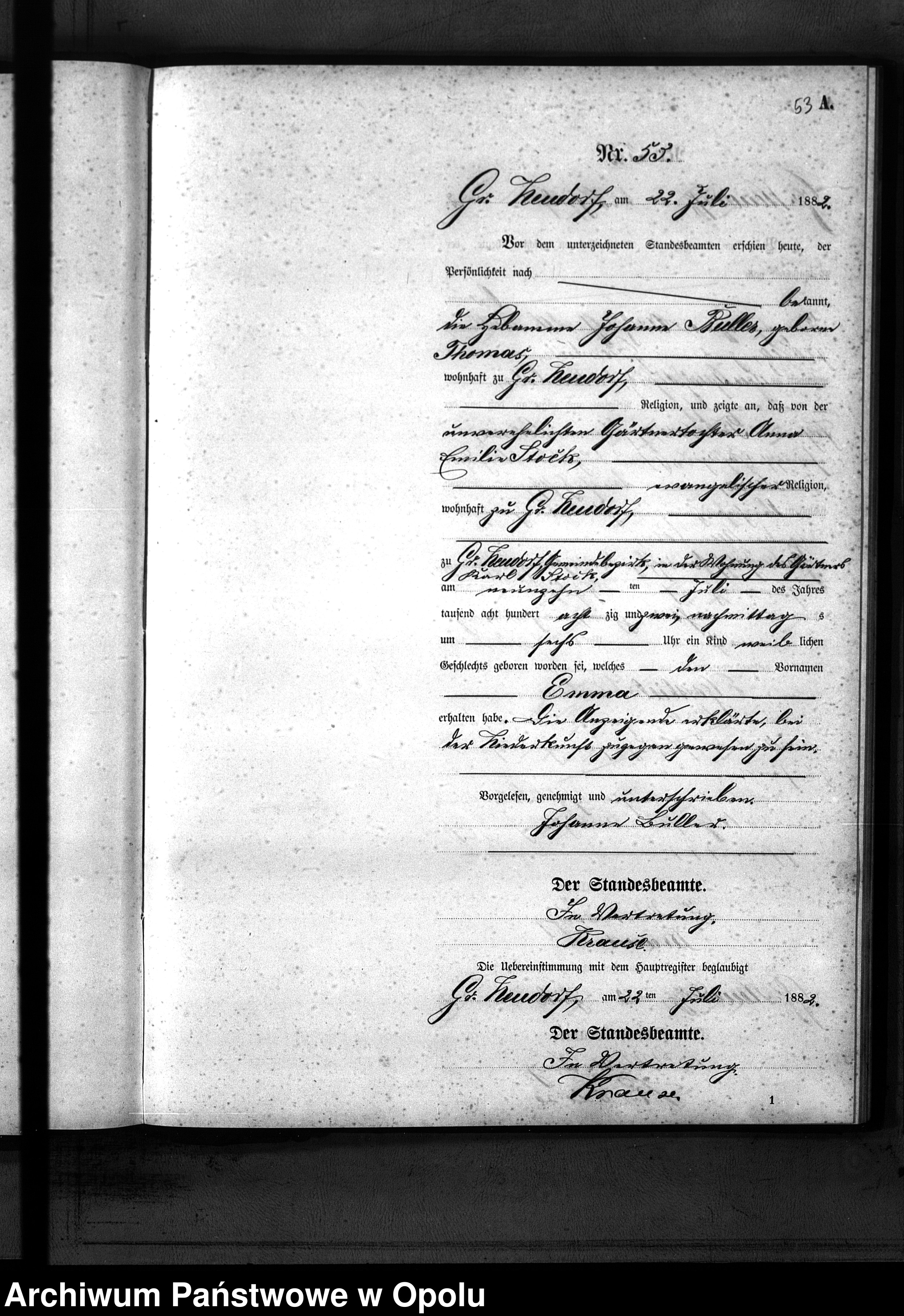 Skan z jednostki: Geburts-Neben-Register Standes-Amt Gross Neudorf 1882