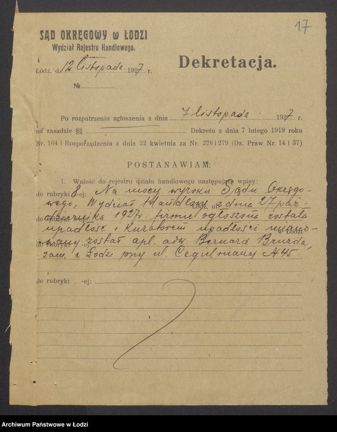 Obraz 19 z jednostki "Szmul Piotrowski, Szaja Piotrowski- kupno i sprzedaż towarów manufakturowych"