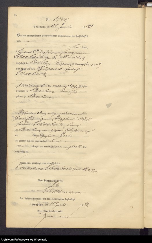 image.from.unit.number "Sterbe Neben Register Standesamt Breslau III 1903 Band 6"