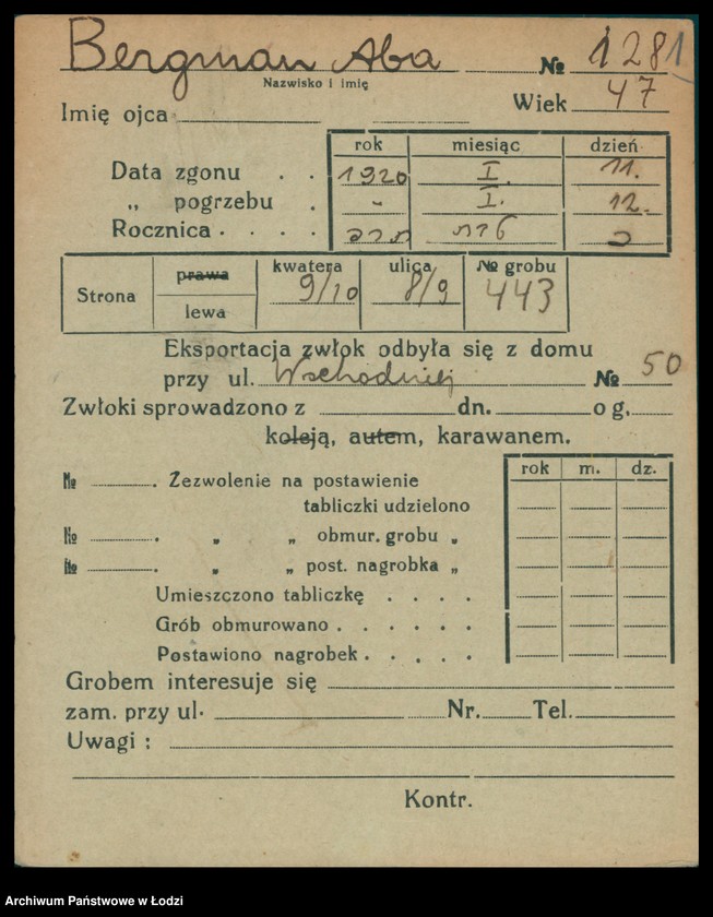 Obraz 2 z jednostki "Kartoteka osób pochowanych na cmentarzu żydowskim przy ulicy Brackiej w latach 1892-1955. Nazwiska na litery: Bergm-Berz"