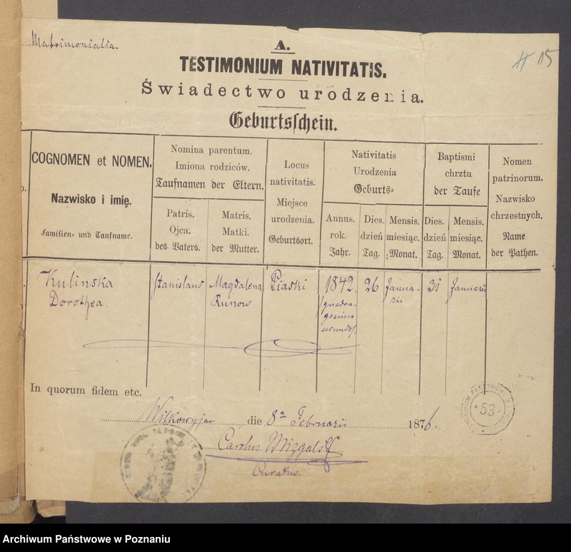 Obraz 17 z jednostki "Die von den Verlobten beigebrachten Urkunden zur Eheschliessung pro 1876"