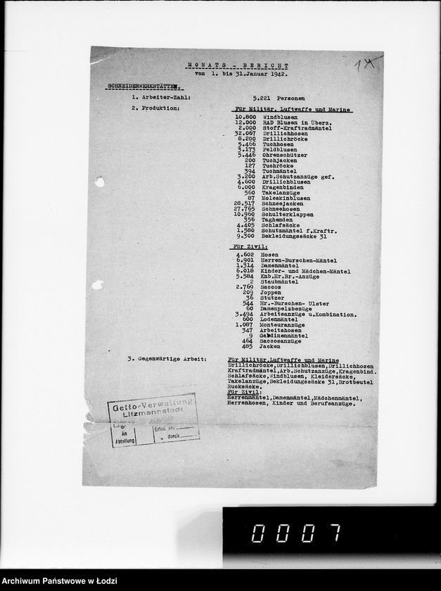 Obraz 5 z jednostki "Organisations im Getto. [Sprawozdania z działalności resortów i wydziałów administracji gettowej; produkcja, ruch ludności, sprawy policyjne]"