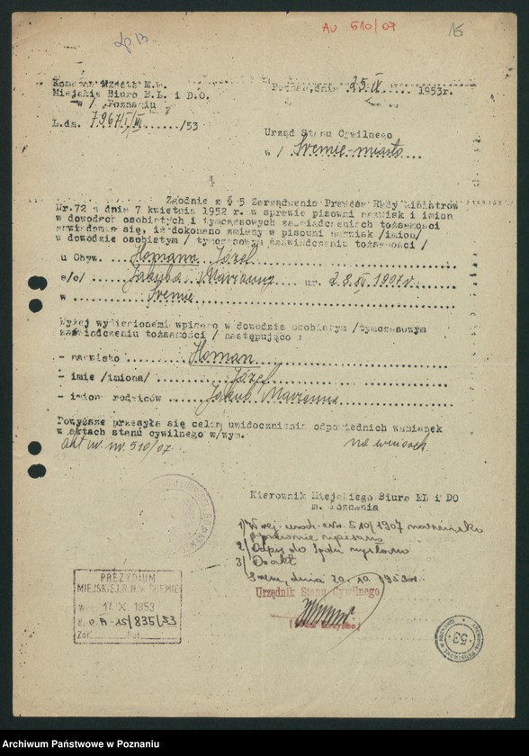 Obraz 19 z jednostki "Akta zbiorowe rejestracji stanu cywilnego do księgi urodzeń z roku 1907"