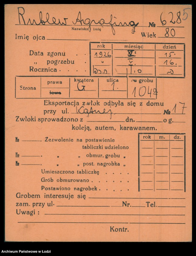 Obraz 6 z jednostki "Kartoteka osób pochowanych na cmentarzu żydowskim przy ulicy Brackiej w latach 1892-1956. Nazwiska na litery: Rubl-Rz"