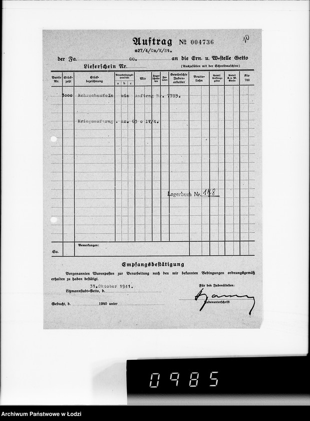 Obraz 15 z jednostki "Amt für zentrale Vewaltungsaufgaben der Luftwaffe Kriegsauftrag 49/41 A.z.V.3000 Kehrschaufeln"