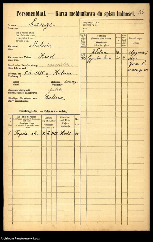 Obraz 20 z jednostki "[Spis ludności Łodzi] Lange - Langner"