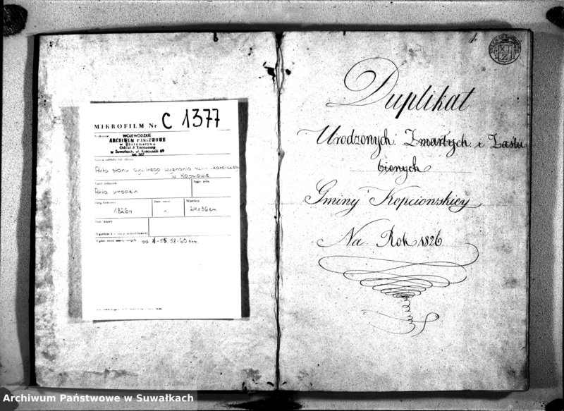 image.from.unit.number "Duplikat Aktów Stanu Cywilnego Urodzonych od dnia 1-go Stycznia do Ostatniego Grudnia 1826 roku Parafii Kopciowskiey Katolików"