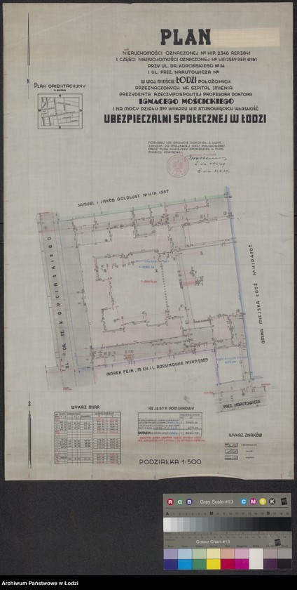 Obraz 1 z jednostki "Plan nieruchomości oznaczonej numerem hipotecznym 2346 repertorium hipoteczne 5841 i części nieruchomości oznaczonej numerem hipotecznym 2559 repertorium hipoteczne 6181 przy ulicach: doktora Kopcińskiego i Prezydenta Narutowicza ... w Łodzi położonych przeznaczonych na szpital imienia Prezydenta Rzeczypospolitej profesora doktora Ignacego Mościckiego i ... stanowiących własność Ubezpieczalni Społecznej w Łodzi"