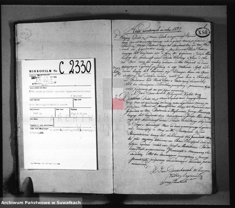 image.from.unit.number "Akta urodzonych, zaślubionych i umarłych parafij seyneńskiey z roku 1827."