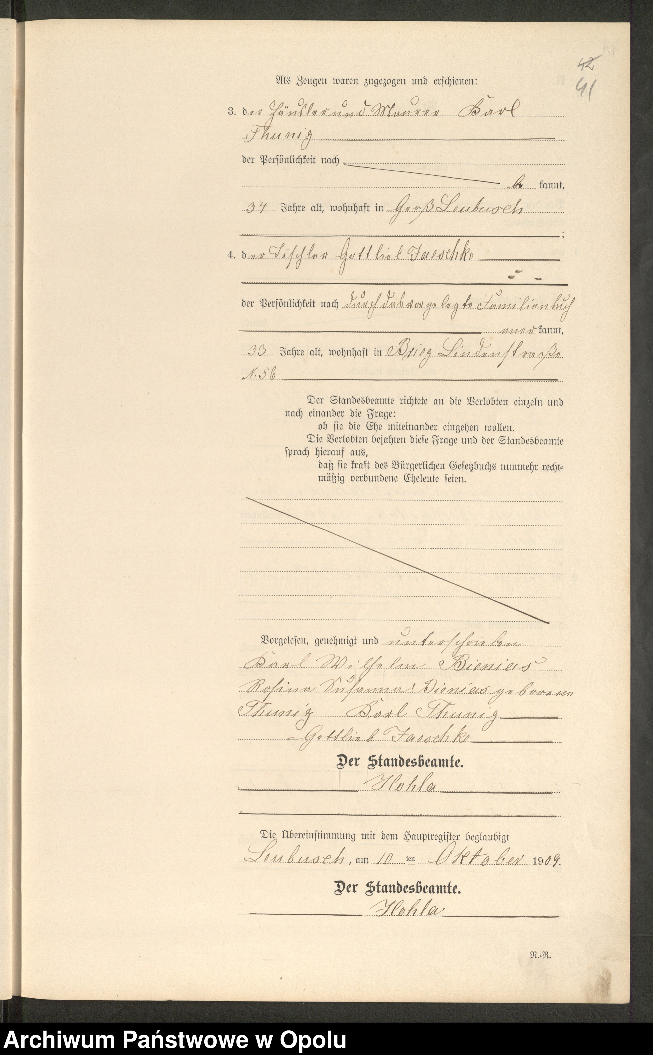 Skan z jednostki: Heiraths-Register (Neben-Register) Standesamt Leubusch 1909