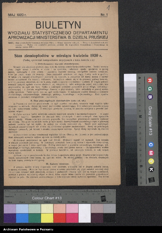 Obraz 3 z jednostki "[Biuletyny statystyczne Wydziału Statystycznego Ministerstwa byłej Dzielnicy Pruskiej - stan ziemiopłodów w kwietniu, maju i lipcu 1920 roku oraz ceny maksymalne na artykuły żywnościowe]"