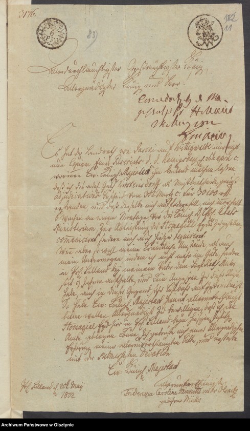 image.from.unit.number "In S. [Sachen] der Friderique Caroline Henriette geschiedene von der Oelsnitz geborene Müller wegen des in Subhastatione voluntaria erkauften Adelichen Guts Kirsteinsdorff [Kiersztanowo] H.[Haupt] Amts Osterode [Ostróda]"