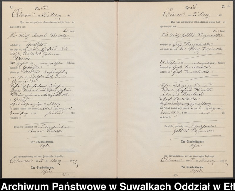 image.from.unit.number "Sterbe-Neben-Register des Preussischen Standes-Amtes Orlowen Kreis Loetzen für das Jahr 1892"
