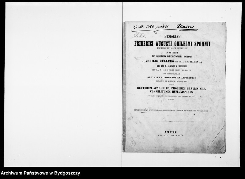 image.from.unit.number "Lateinische Urkunden Posener Städte. Hersg. von Heinrich Wuttke [1310-1425] - Memoriam Friderici Augusti Guilebmi Spotonii professoris olim lipsiensis Oratione de Gordianis Imperatoribus Romanis ab Aemilio Müllero pf. dr A.L.M habende die XXI M. Januarii A. 1861 ... Heinrich Wuttkie Specimen II Codicis Diplomatici Urbium Magni Ducatus Posnaniensie"