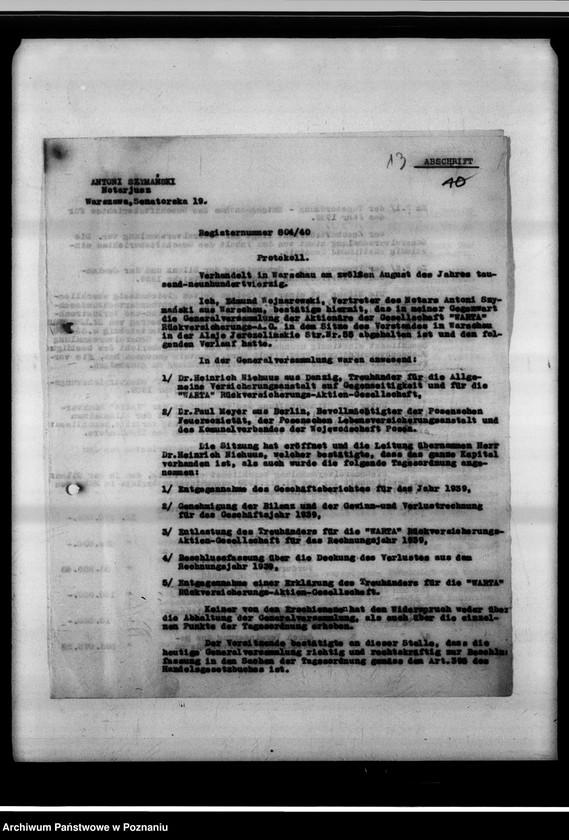 Obraz 17 z jednostki "Beteiligung an der "Warta" - Rückversicherung A.G."