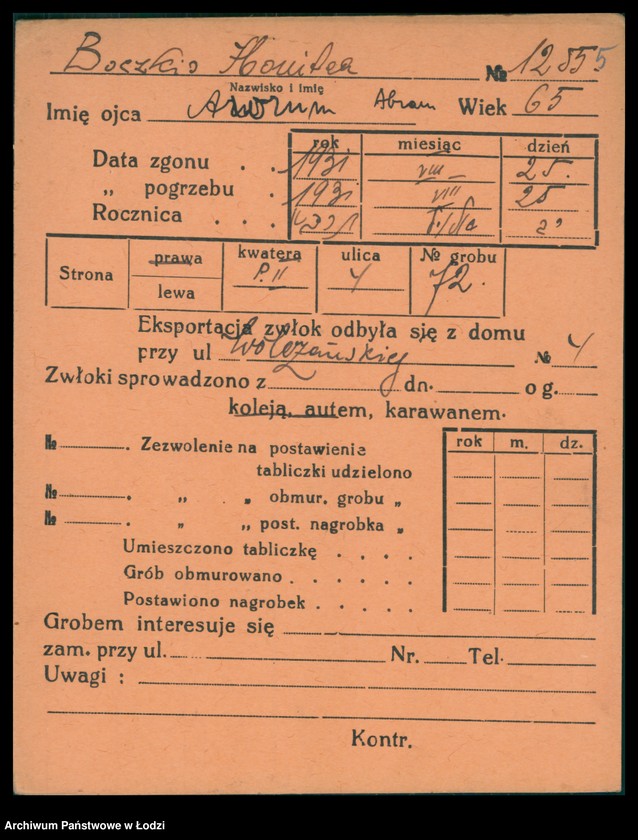 Obraz 7 z jednostki "Kartoteka osób pochowanych na cmentarzu żydowskim przy ulicy Brackiej w latach 1892-1956. Nazwiska na litery: Bock-Bö"