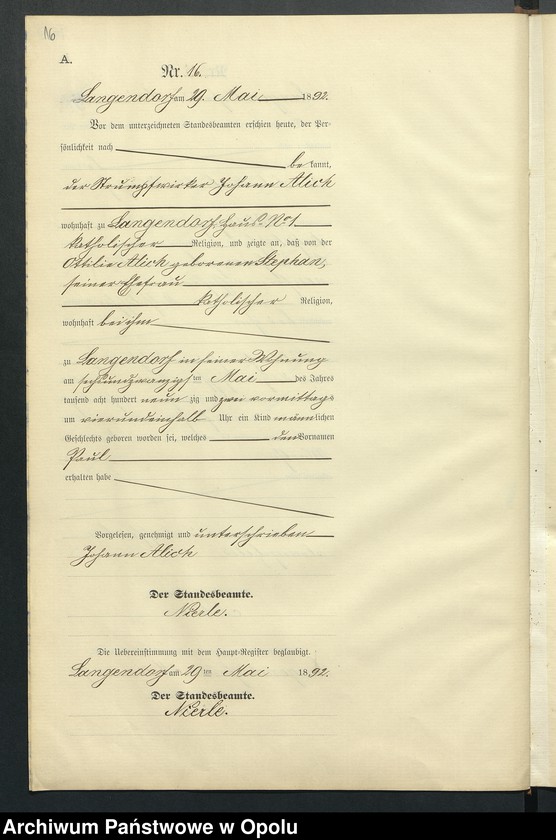 Obraz 20 z jednostki "Geburts-Neben-Register des Standesamts Langendorf pro 1892"