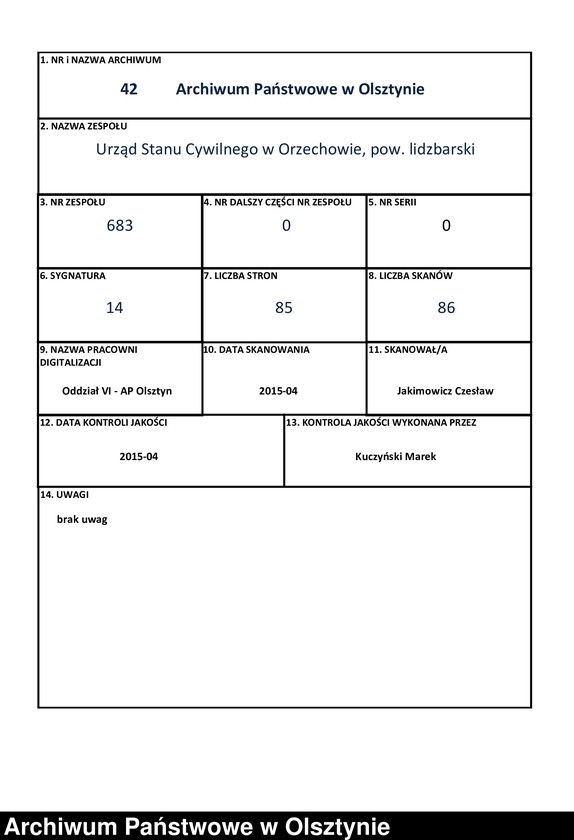 Obraz 1 z jednostki "Geburts-Neben-Register Nr 1 - 84"