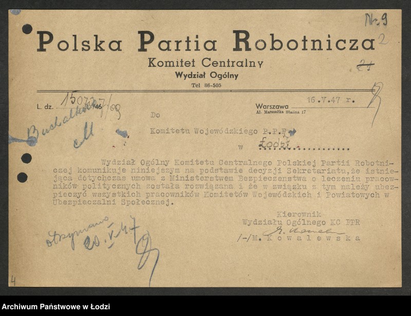 Obraz 3 z jednostki "Korespondencja z [Wydziałem Ogólnym, Budżetowo - Finansowym, Gospodarczym oraz Buchalterią] Komitetu Centralnego"
