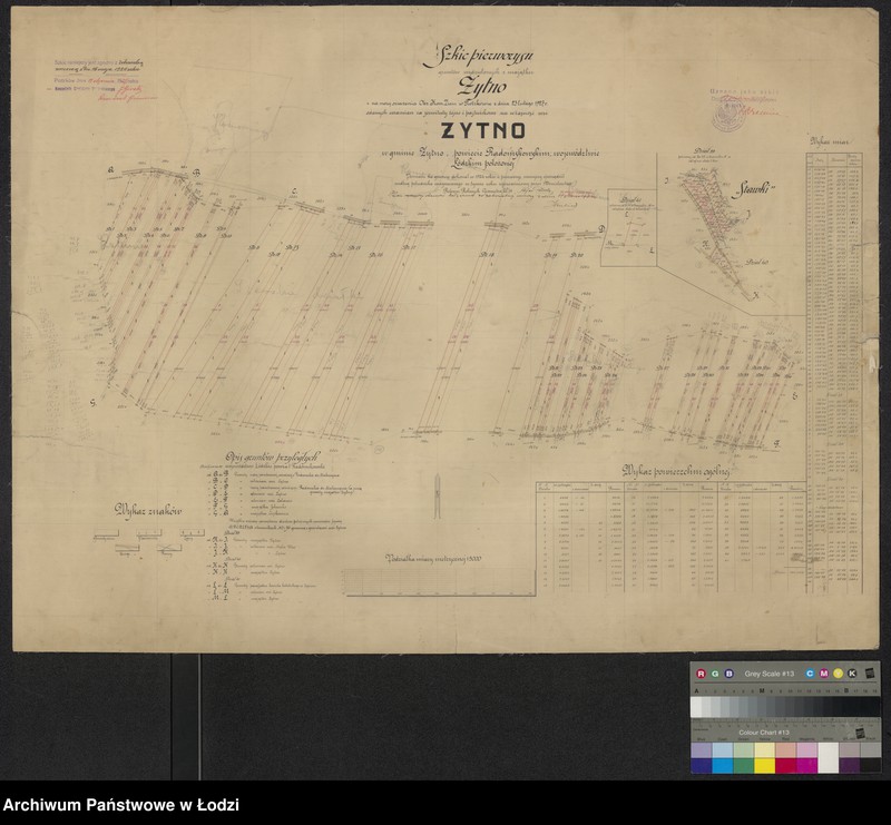 Obraz 1 z jednostki "Szkic pierworysu gruntów wydzielonych z majątku Żytno i na mocy orzeczenia Okręgowej Komisji Ziemskiej w Piotrkowie z dnia 23 lutego 1921 i oddanych w zamian za serwituty leśne i pastwiskowe na własność wsi Żytno w gminie Żytno, pow. Radomskowskim, województwie Łódzkiem położonej"