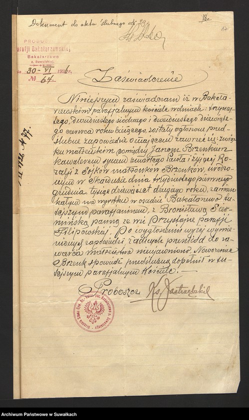 image.from.unit.number "Dokumenty Przedstawione do ślubnych aktów w roku 1926, Filipowskiej Rzymsko-Katolickiej parafji."