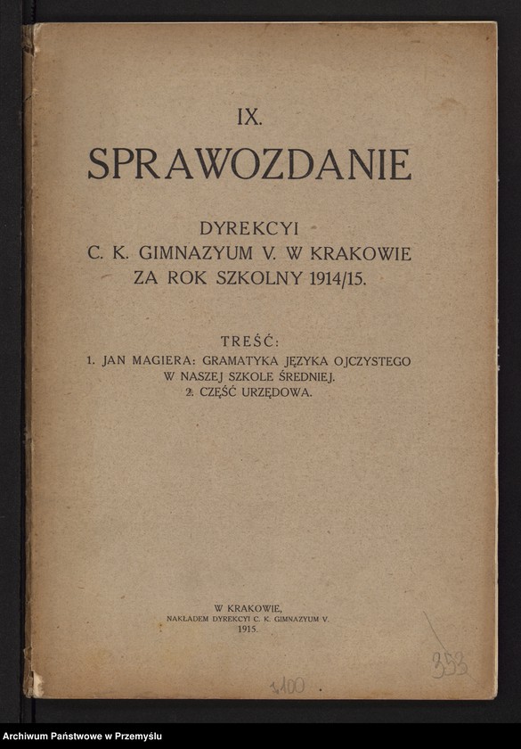 image.from.unit.number "IX Sprawozdanie Dyrekcji C.K. Gimnazjum V. w Krakowie za rok szkolny 1914/15"