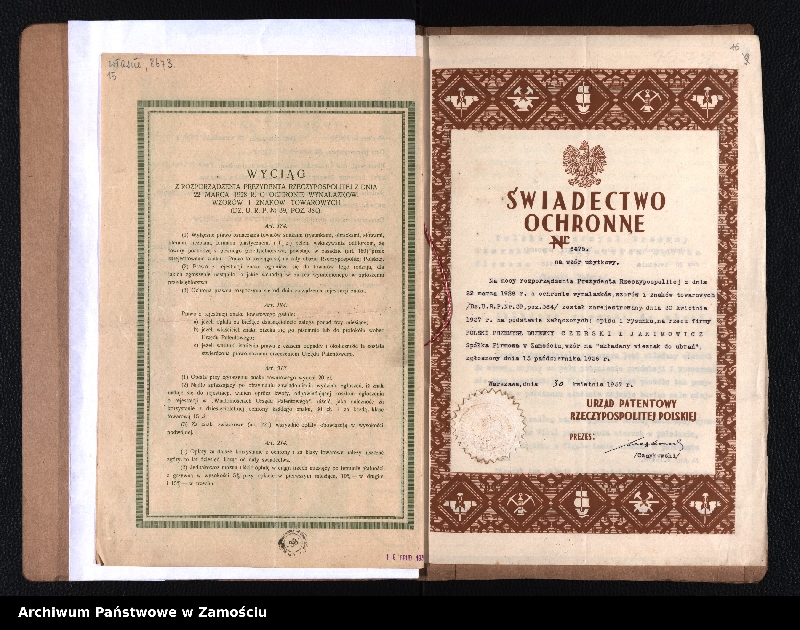 Obraz 12 z jednostki "Świadectwa ochronne (patenty)"