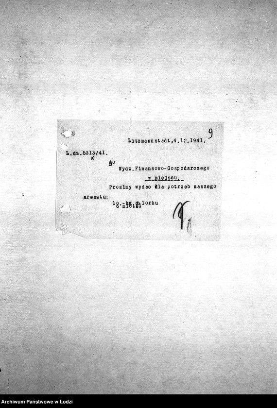 Obraz 12 z jednostki "[Korespondencja z Wydziałem Finansowo-Gospodarczym, Wydziałem Aprowizacji, Wydziałem Kart – różne sprawy]"