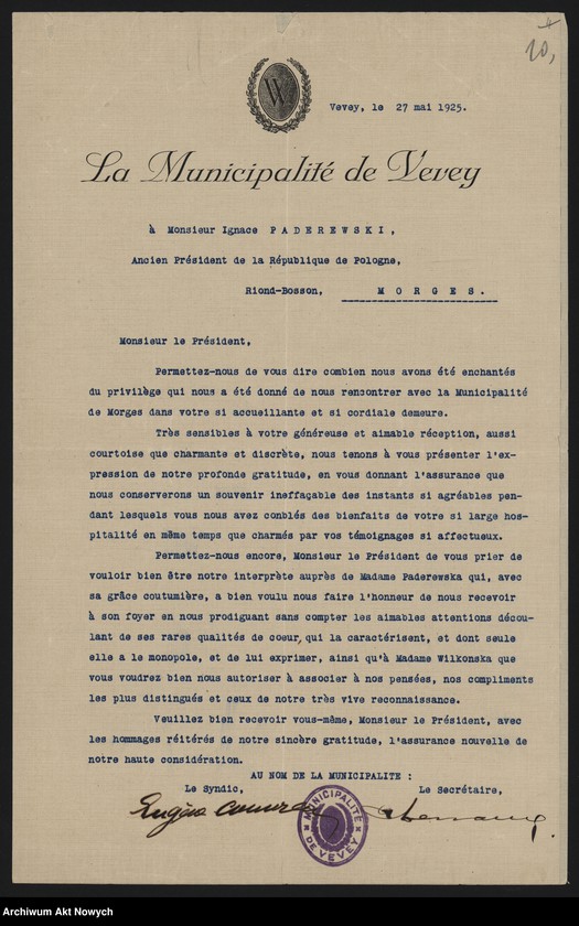 Obraz 12 z jednostki "Municiapalité de Vevey; Załączniki: a) zaproszenia; b) wycinek prasowy; c) 2 fotografie Bulwaru I. J. Paderewskiego; L.19 (odpowiedzi - rękopisy)"