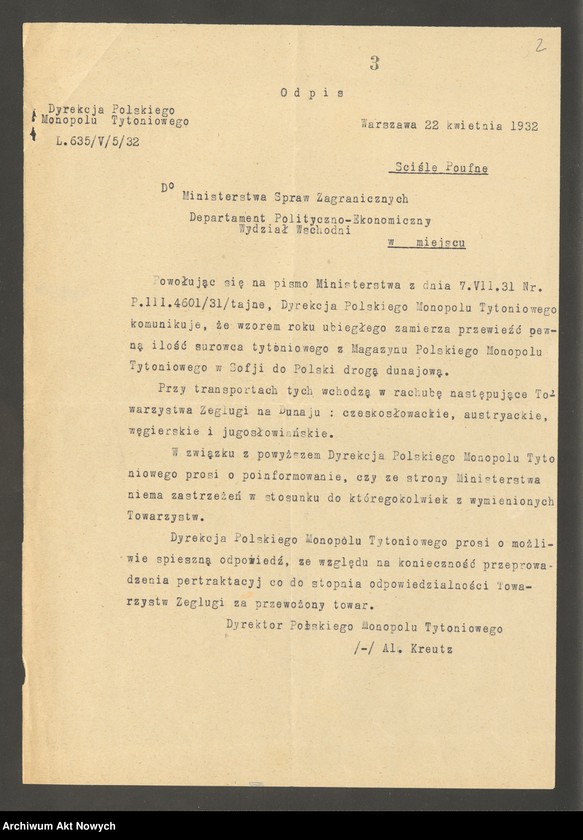 image.from.unit "Czechosłowacja: Ogólne stosunki ekonomiczne z Polską: Sprawa po­wierzenia transportu tytoniu, zakupionego przez Polski Monopol Tytoniowy w Bułgarii, czeskiemu towarzystwu żeglugi na Dunaju (korespondencja)"