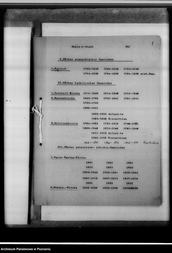 Obraz 5 z jednostki "I. Bücher evangelischer Gemeinden; II. Bücher katholischer Gemeinden: 1. Gotthard-Kirche, 2. Marienkirche, 3. Nikolauskirche; III. Bücher griechisch-orthodox. Gemeinden: 1. Peter-Paulus-Kirche, 2. Ukrainische Kirche; IV. Militärgemeinde; V. Griech.Orthodox. und Baptisten; VI. Griech.Orthodox. und Juden; VII. Adventisten; VIII. Baptisten; IX. Juden; X. Kathol.-protestantische Zivilstandsregister Kalisch-Stadt [z terenu miast Kalisza]. Mikr.074979. Brak datacji, podano daty skrajne zesp."