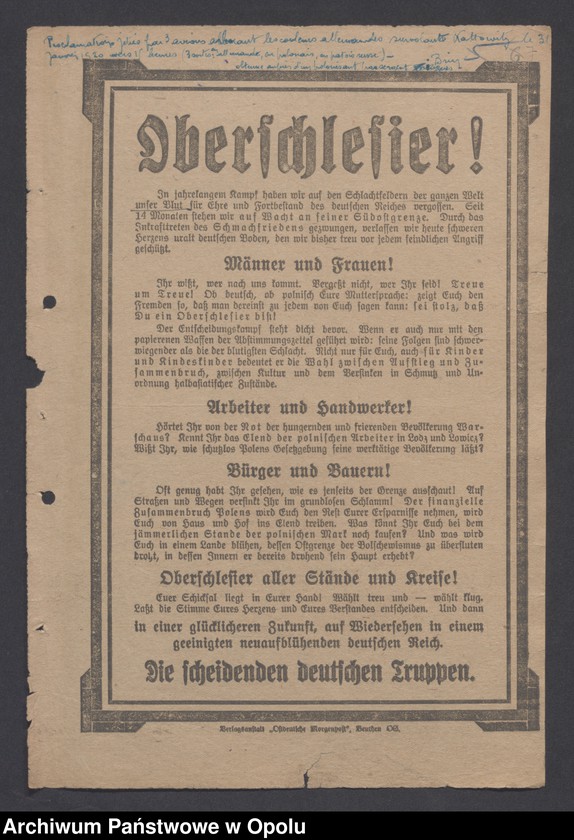 Obraz 9 z jednostki "/Propagande/Plakaty, odezwy, ulotki, afisze, broszury propagandowe różnych organizacji do mieszkańców Górnego Śląska, tłumaczenia w języku francuskim/"