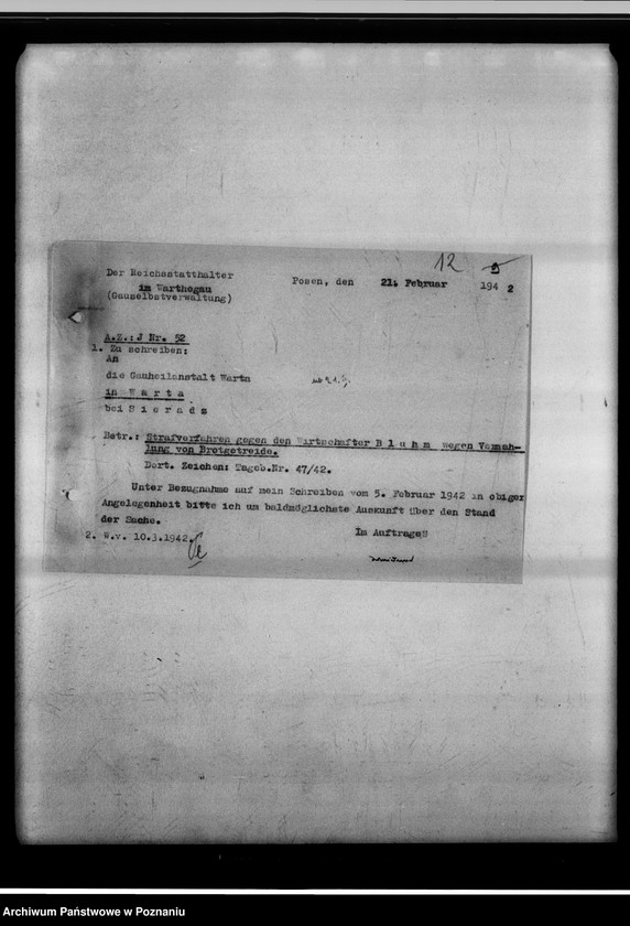 Obraz 16 z jednostki "Strafverfahren wegen Vermahlung von Brotgetreide - Gauheilanstalt Warta bei Sieradz."